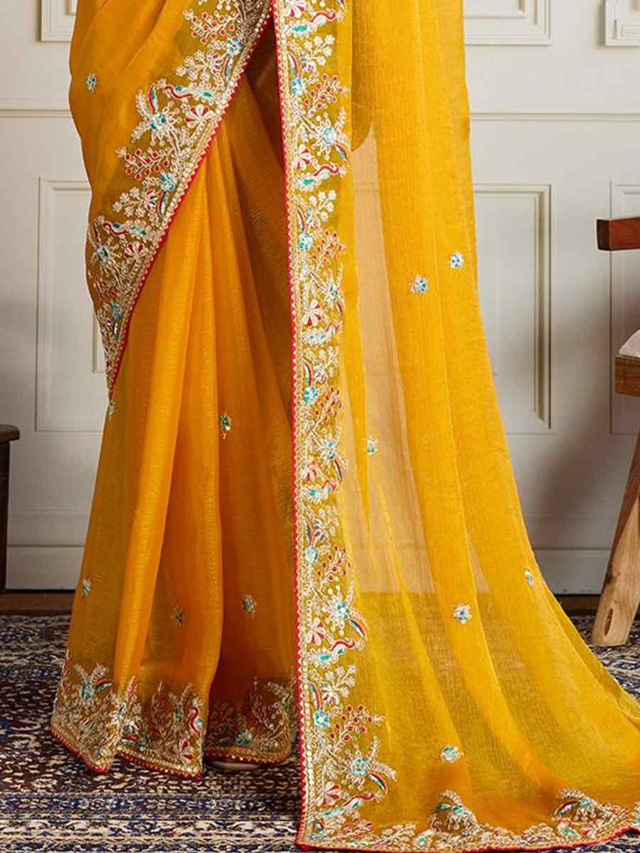 Yellow Fendy Chiffon silk Embroidery Traditional Bridal Reception Festival Wedding Fancy Heavy Border Saree