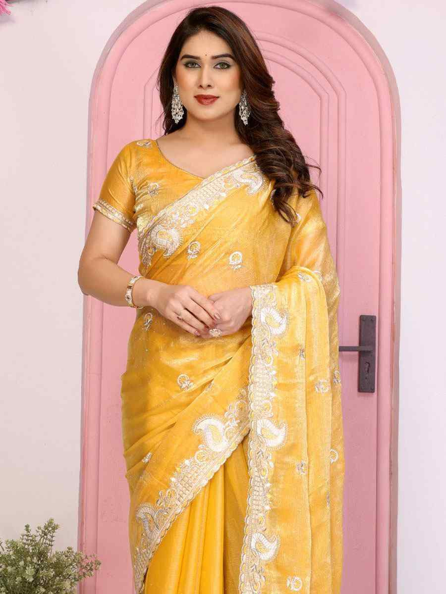 Yellow Fendy Chiffon Silk Embroidery Traditional Bridal Reception Festival Wedding Fancy Heavy Border Saree