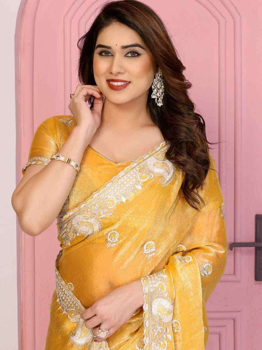 Yellow Fendy Chiffon Silk Embroidery Traditional Bridal Reception Festival Wedding Fancy Heavy Border Saree