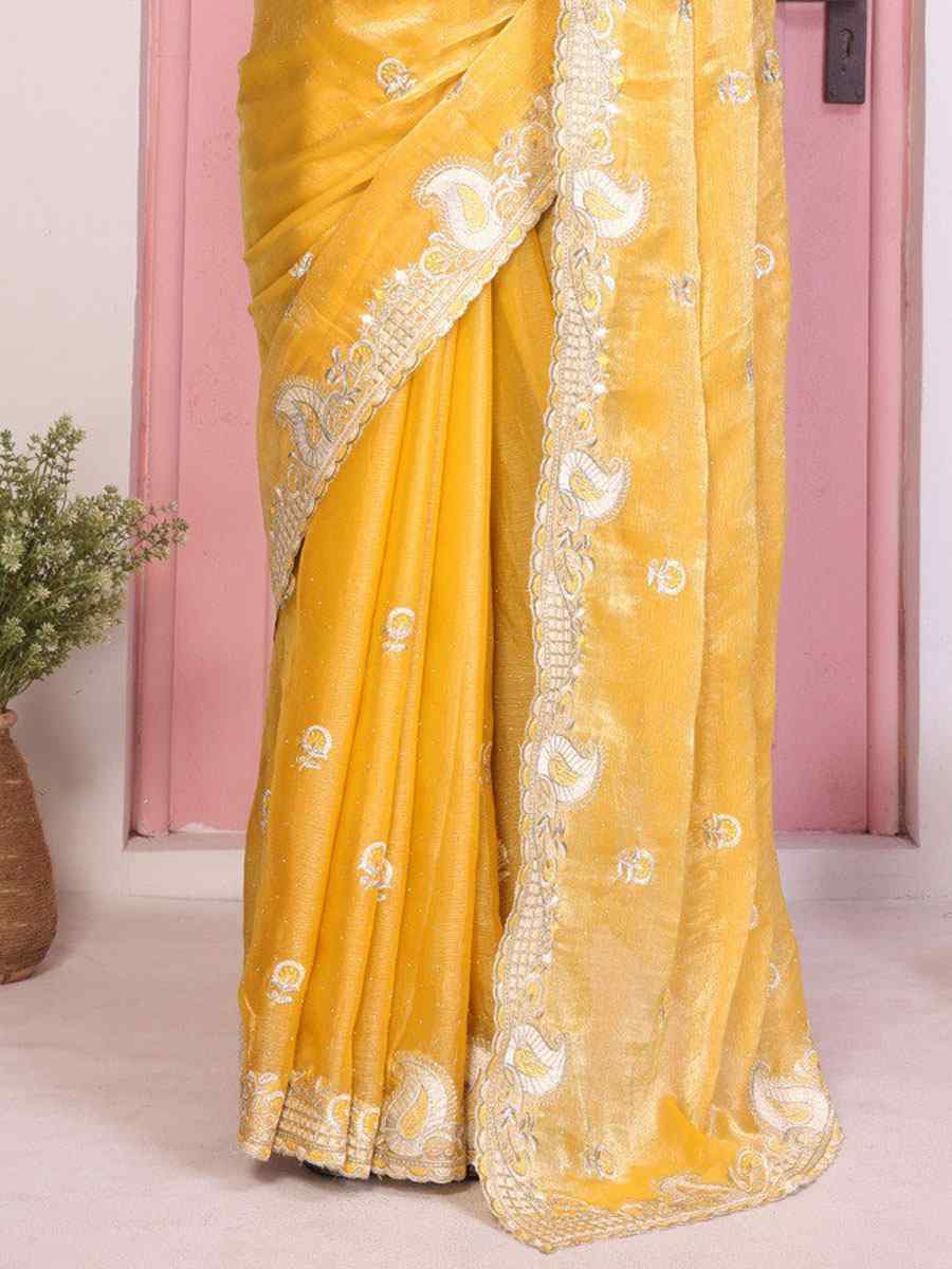 Yellow Fendy Chiffon Silk Embroidery Traditional Bridal Reception Festival Wedding Fancy Heavy Border Saree