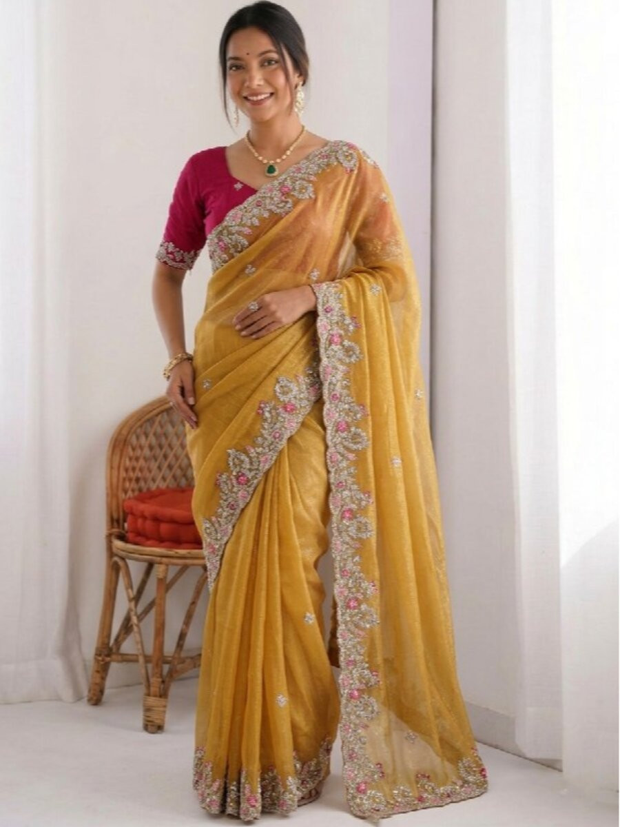 Yellow Fendy Chinon Silk Embroidery Sequins Wedding Reception Party Festival Casual Heavy Border Sarees