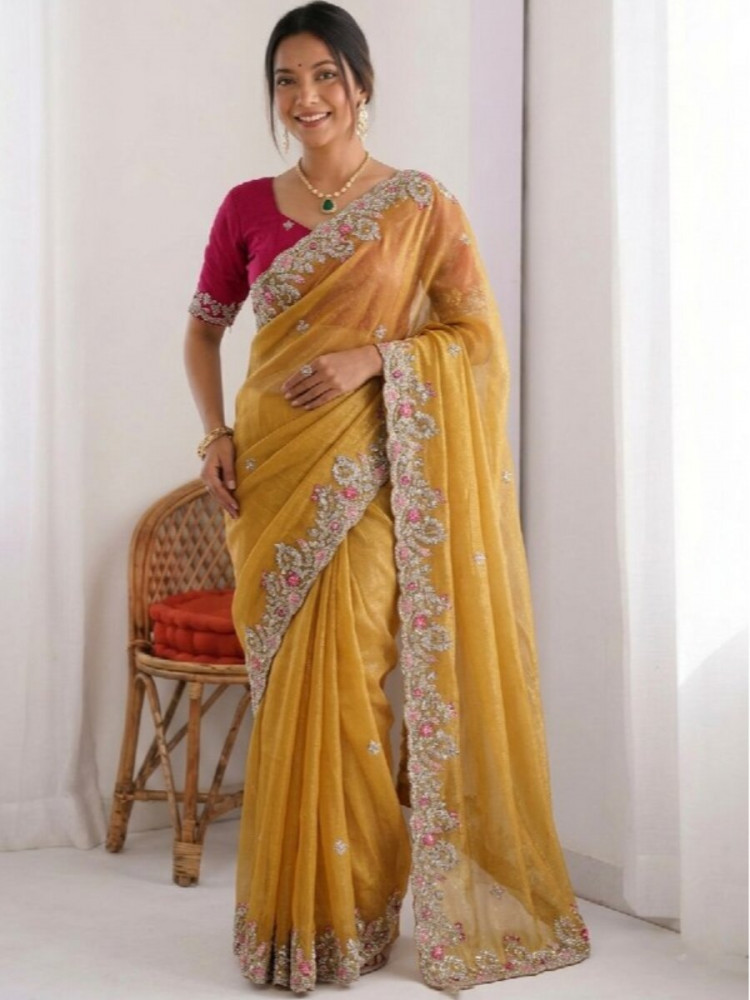 Image of Yellow Fendy Chinon Silk Embroidery Sequins Wedding Reception Party Festival Casual Heavy Border Sarees