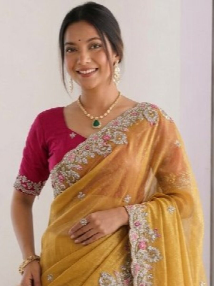 Yellow Fendy Chinon Silk Embroidery Sequins Wedding Reception Party Festival Casual Heavy Border Sarees
