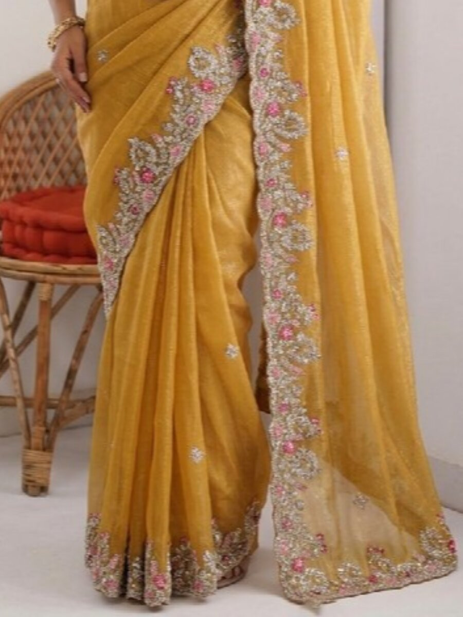 Yellow Fendy Chinon Silk Embroidery Sequins Wedding Reception Party Festival Casual Heavy Border Sarees