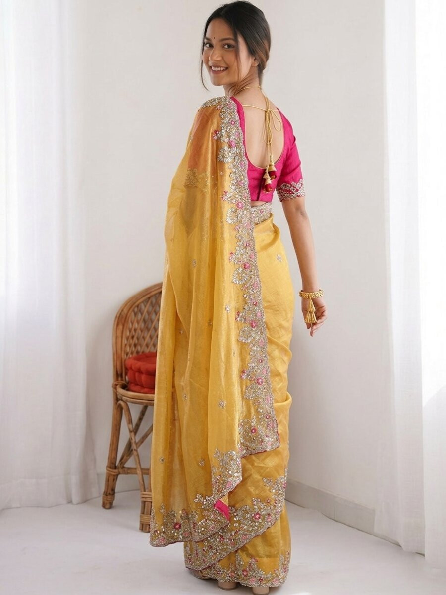 Yellow Fendy Chinon Silk Embroidery Sequins Wedding Reception Party Festival Casual Heavy Border Sarees