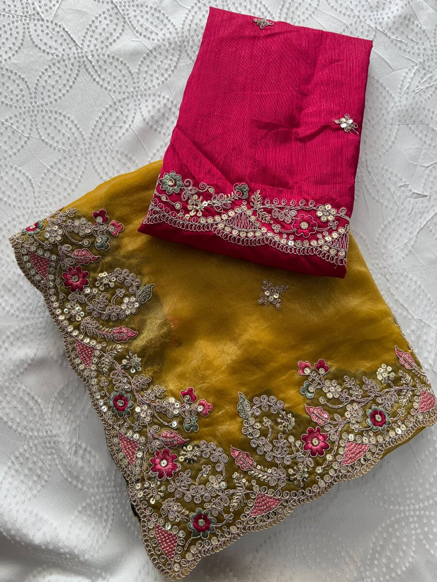 Yellow Fendy Chinon Silk Embroidery Sequins Wedding Reception Party Festival Casual Heavy Border Sarees