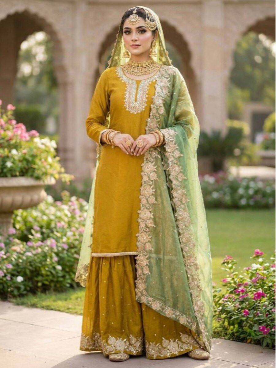 Yellow Fendy Silk Embroidery Sequins Zari Wedding Festival Party Reday Sharara Pant Salwar Kameez