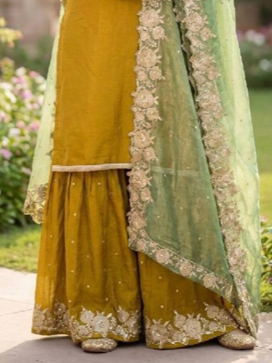 Yellow Fendy Silk Embroidery Sequins Zari Wedding Festival Party Reday Sharara Pant Salwar Kameez
