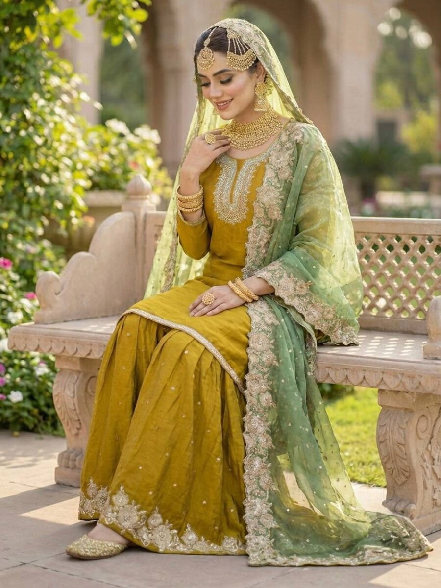 Yellow Fendy Silk Embroidery Sequins Zari Wedding Festival Party Reday Sharara Pant Salwar Kameez