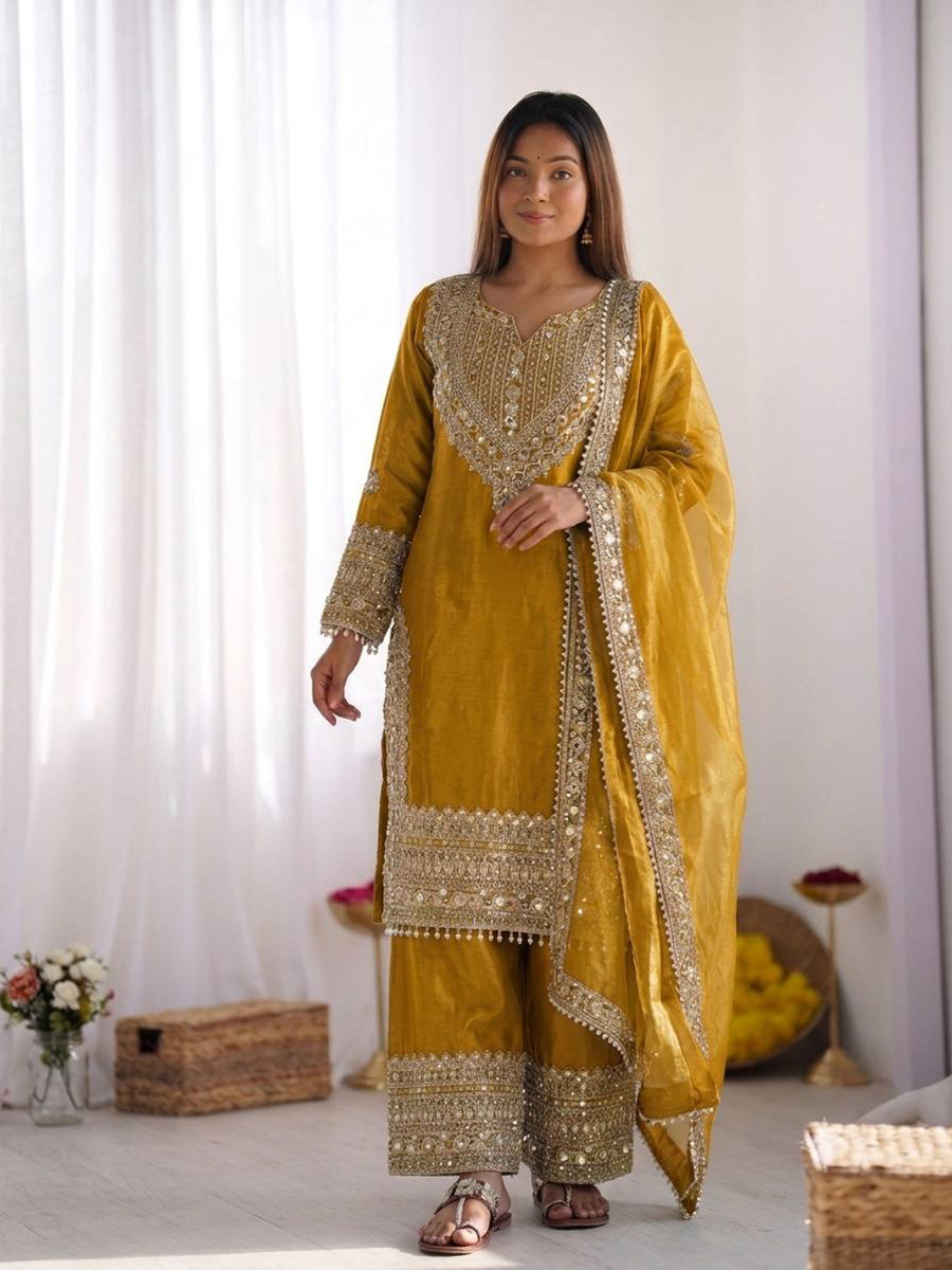Yellow Fendy Silk Embroidery Sequins Zari Wedding Party Festival Casual Ready Palazzo Pant Salwar Kameez