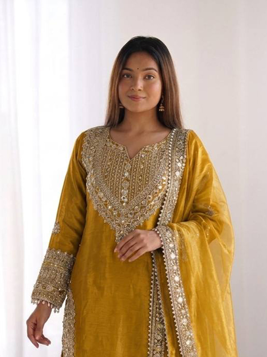Yellow Fendy Silk Embroidery Sequins Zari Wedding Party Festival Casual Ready Palazzo Pant Salwar Kameez