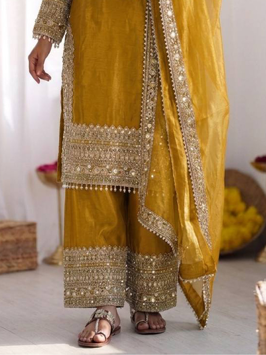Yellow Fendy Silk Embroidery Sequins Zari Wedding Party Festival Casual Ready Palazzo Pant Salwar Kameez