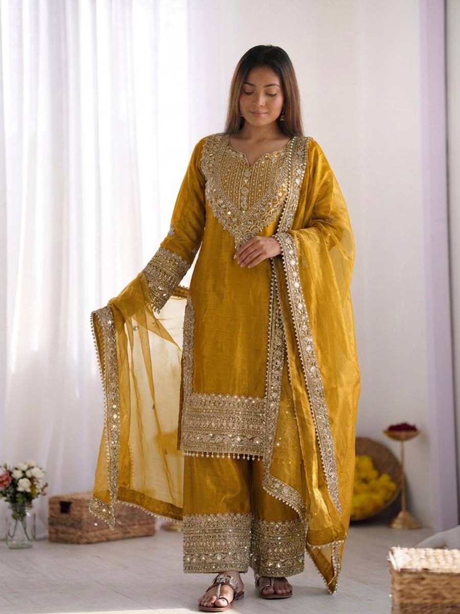 Yellow Fendy Silk Embroidery Sequins Zari Wedding Party Festival Casual Ready Palazzo Pant Salwar Kameez