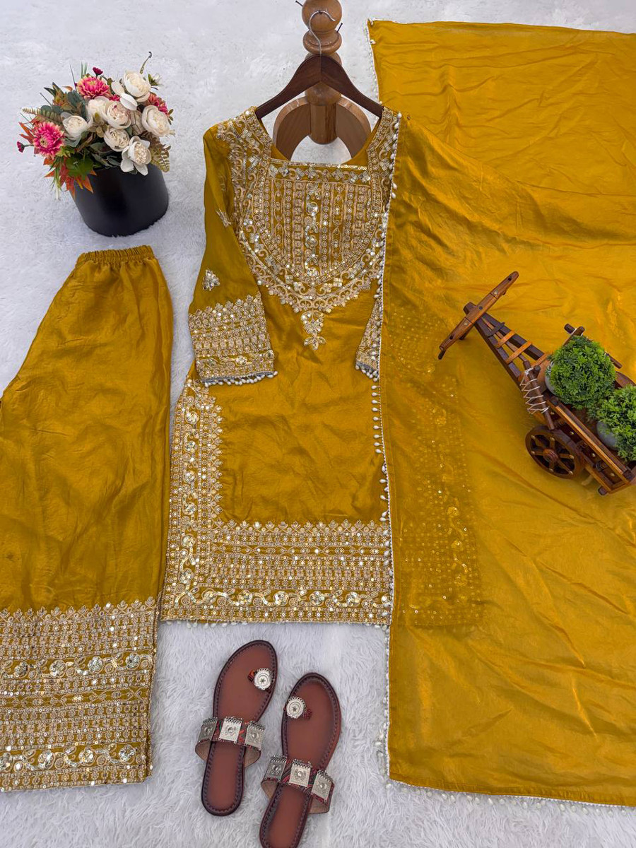 Yellow Fendy Silk Embroidery Sequins Zari Wedding Party Festival Casual Ready Palazzo Pant Salwar Kameez