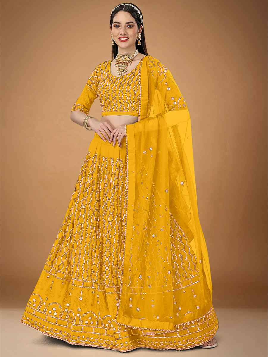 Yellow Foux Georgette Embroidered Reception Wedding Lehenga Choli