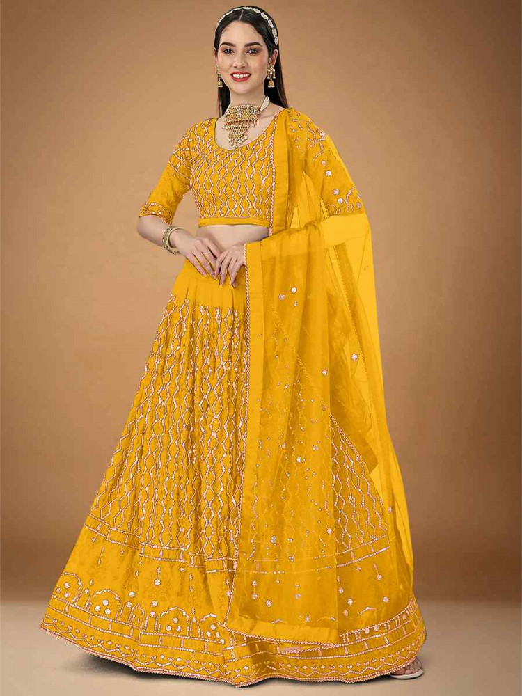Yellow Foux Georgette Embroidered Reception Wedding Lehenga Choli