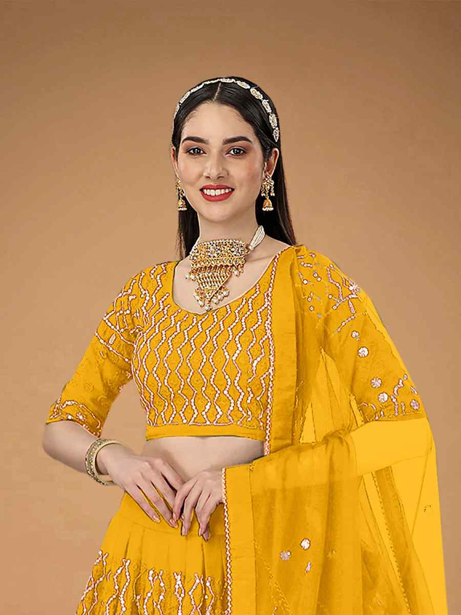 Yellow Foux Georgette Embroidered Reception Wedding Lehenga Choli