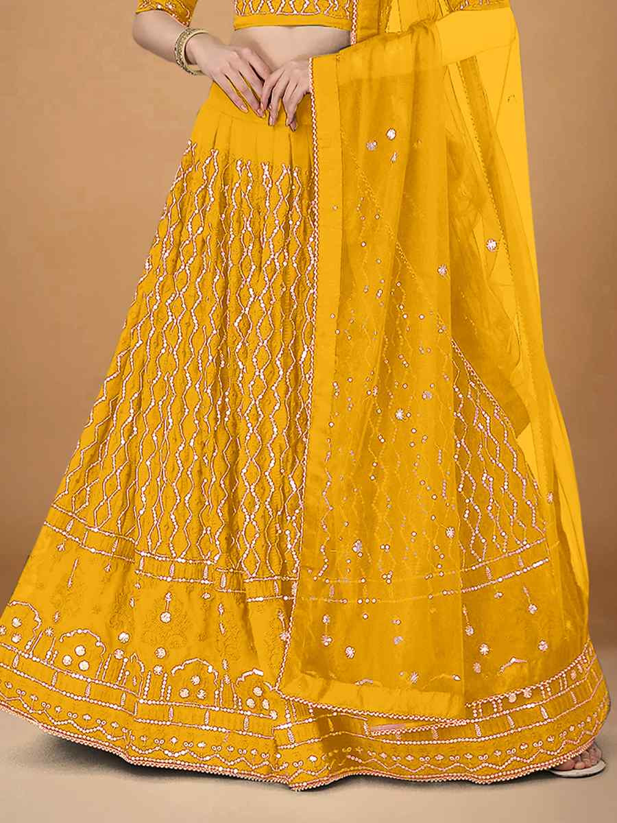 Yellow Foux Georgette Embroidered Reception Wedding Lehenga Choli
