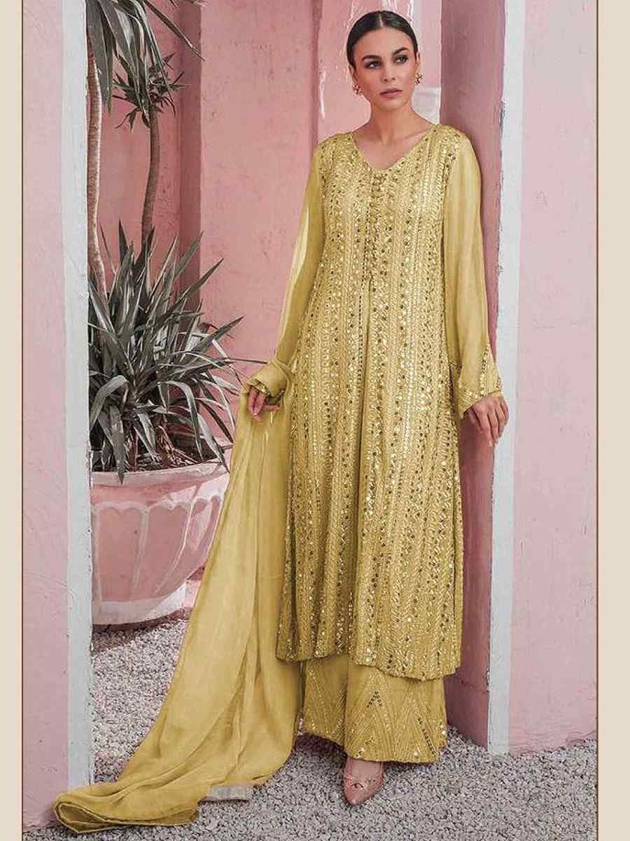 Yellow Fox Georgette Embroidered Festival Wedding Palazzo Pant Salwar Kameez