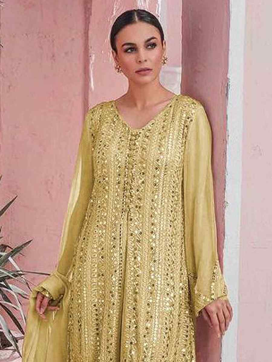 Yellow Fox Georgette Embroidered Festival Wedding Palazzo Pant Salwar Kameez
