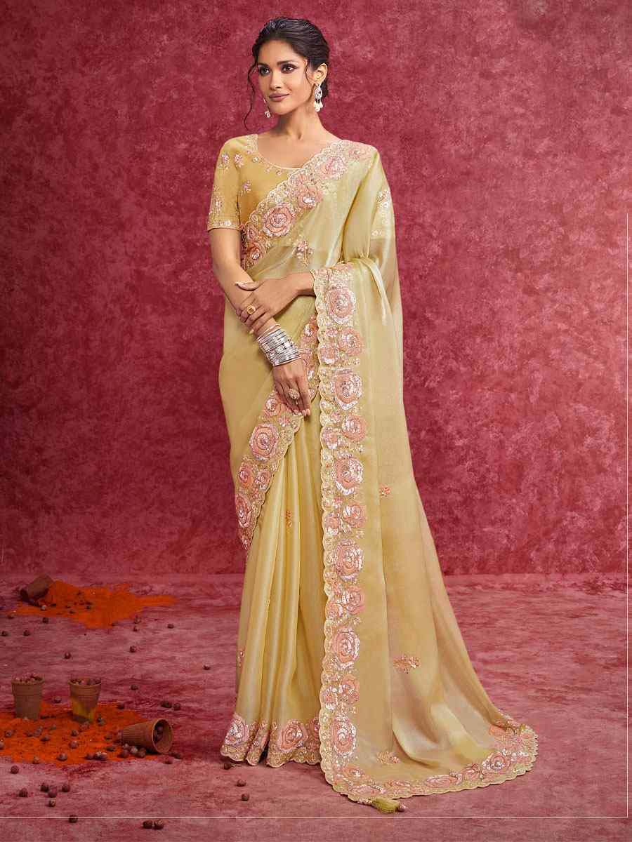 Yellow Galaxy  Embroidery Bridal Reception Festival Wedding Fancy Heavy Border Saree