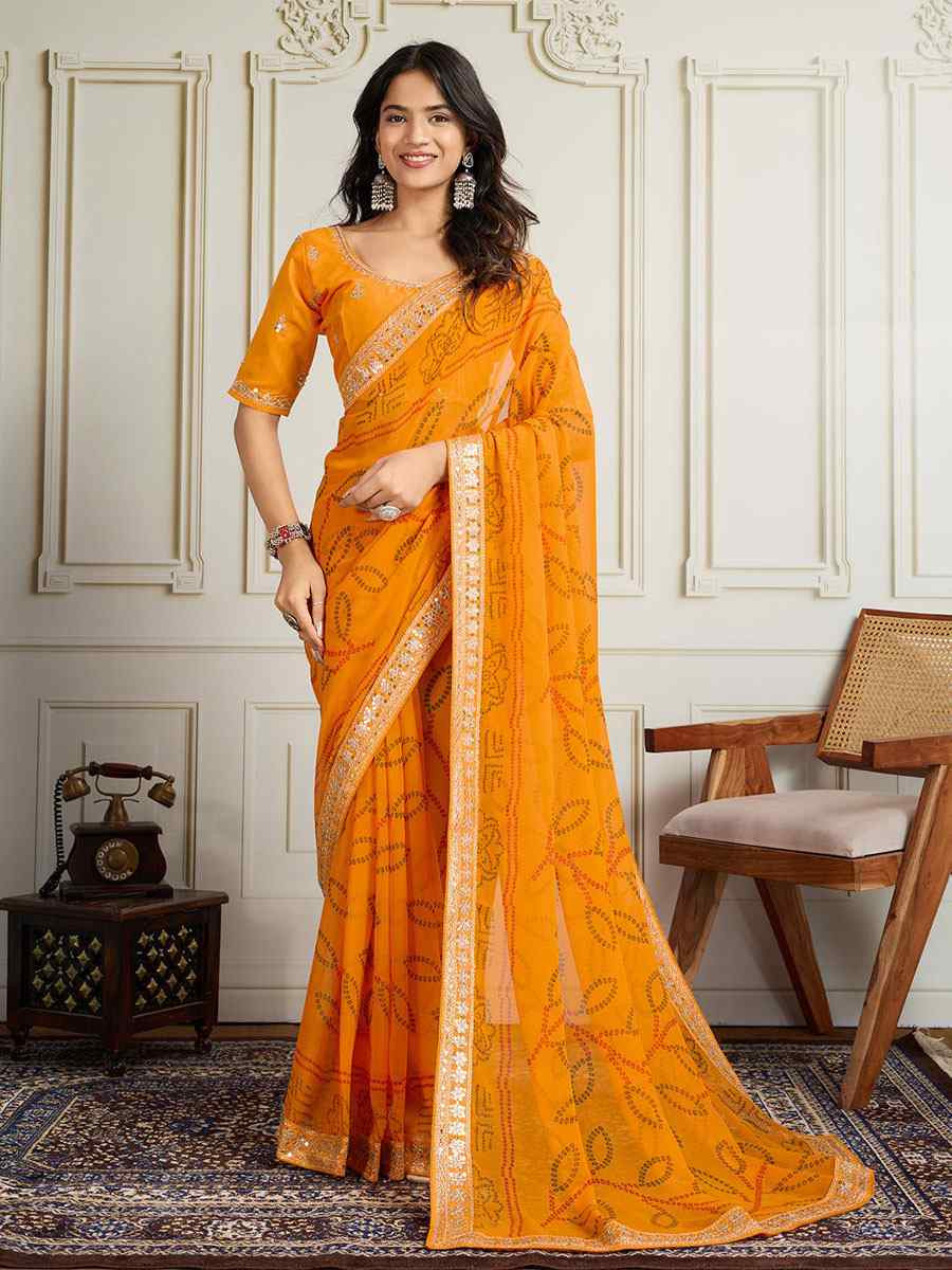 Yellow Georgette Bhandej Print with Embroidery Party Bridal Reception Festival Wedding Fancy Heavy Border Saree