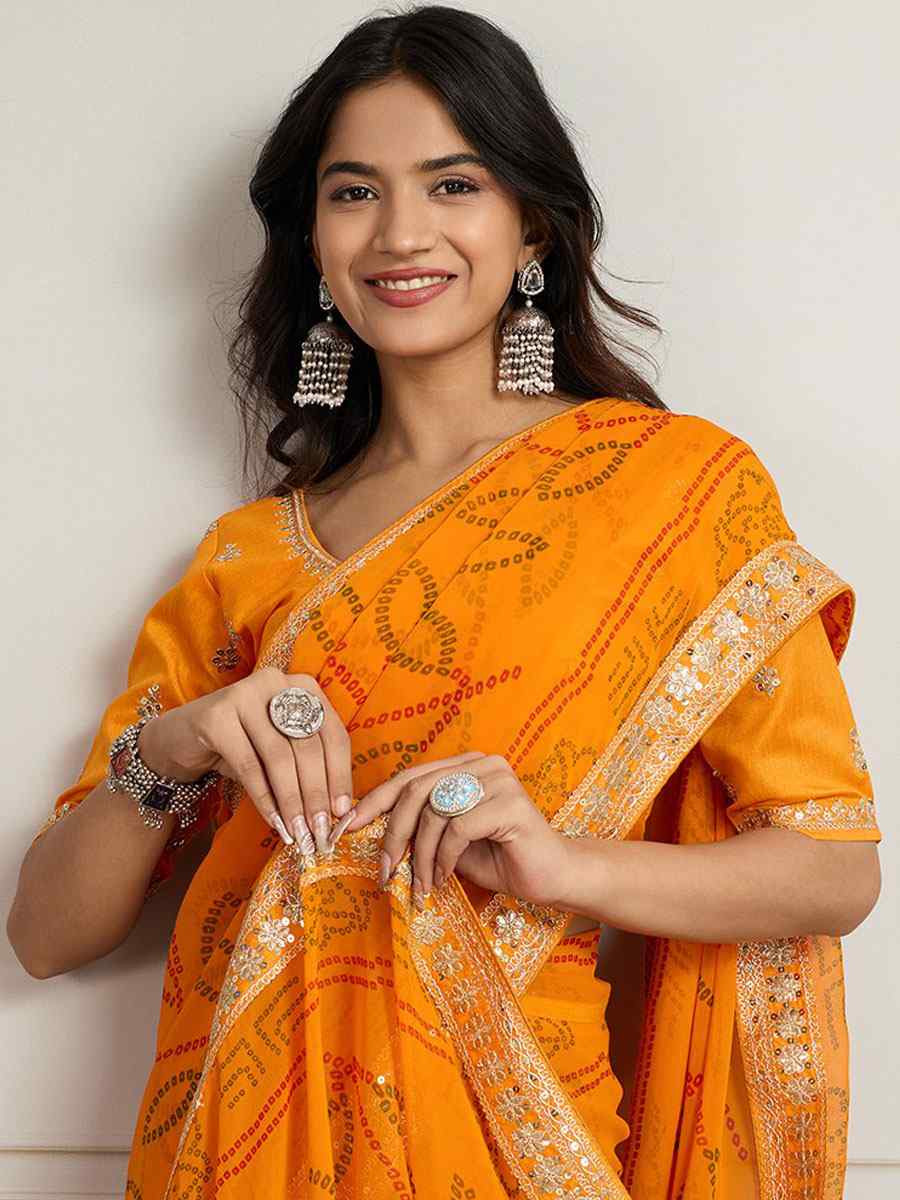 Yellow Georgette Bhandej Print with Embroidery Party Bridal Reception Festival Wedding Fancy Heavy Border Saree