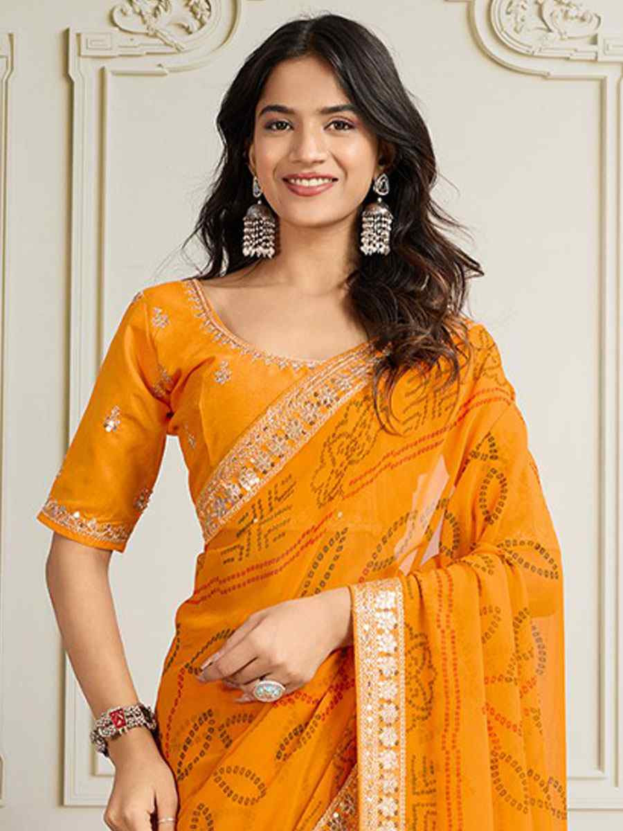 Yellow Georgette Bhandej Print with Embroidery Party Bridal Reception Festival Wedding Fancy Heavy Border Saree