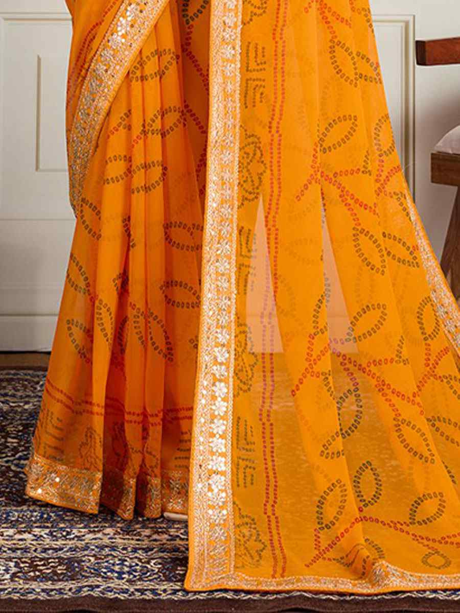 Yellow Georgette Bhandej Print with Embroidery Party Bridal Reception Festival Wedding Fancy Heavy Border Saree