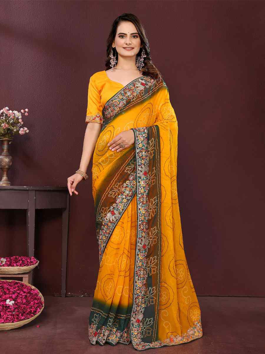 Yellow Georgette Bhandej Print with Embroidery Party Bridal Reception Festival Wedding Fancy Heavy Border Saree