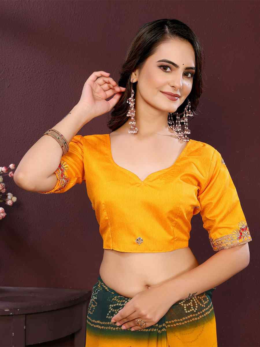 Yellow Georgette Bhandej Print with Embroidery Party Bridal Reception Festival Wedding Fancy Heavy Border Saree