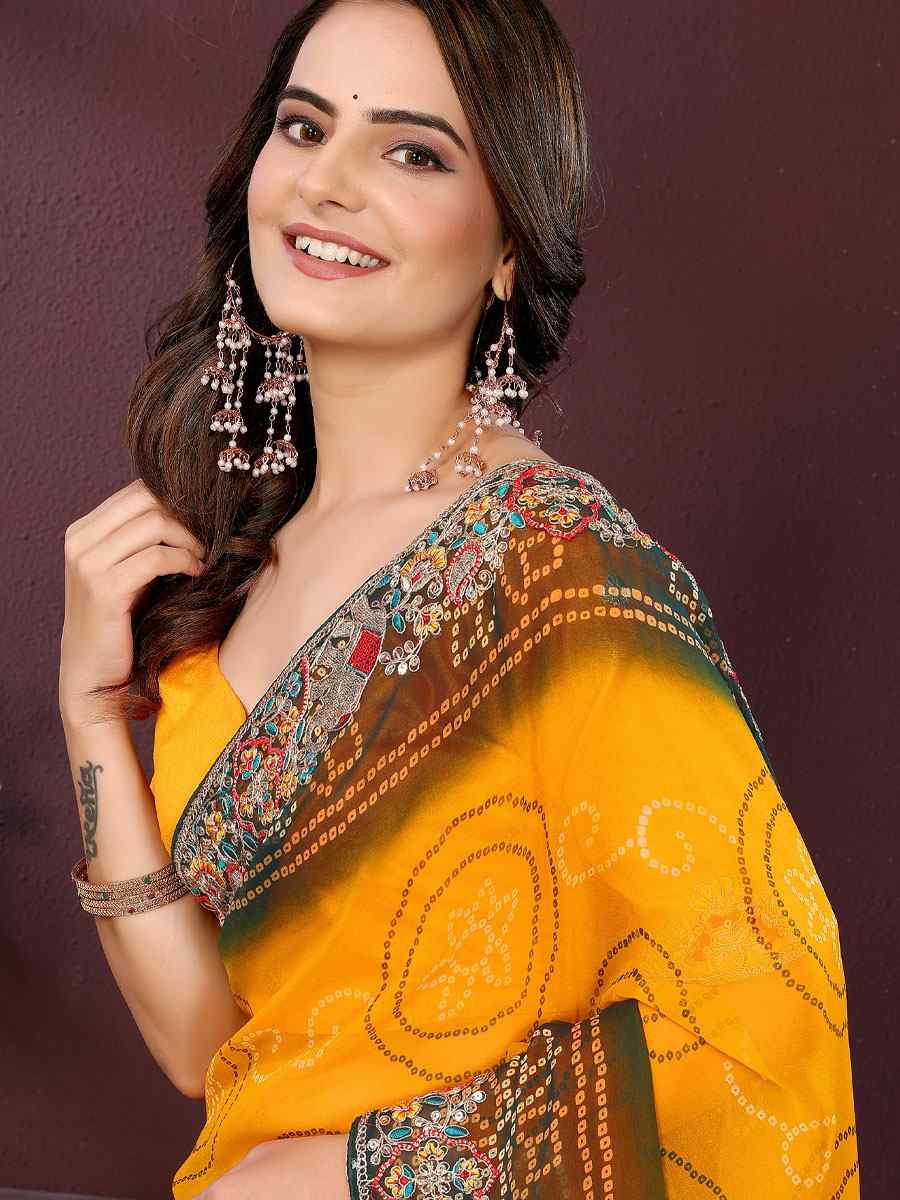 Yellow Georgette Bhandej Print with Embroidery Party Bridal Reception Festival Wedding Fancy Heavy Border Saree