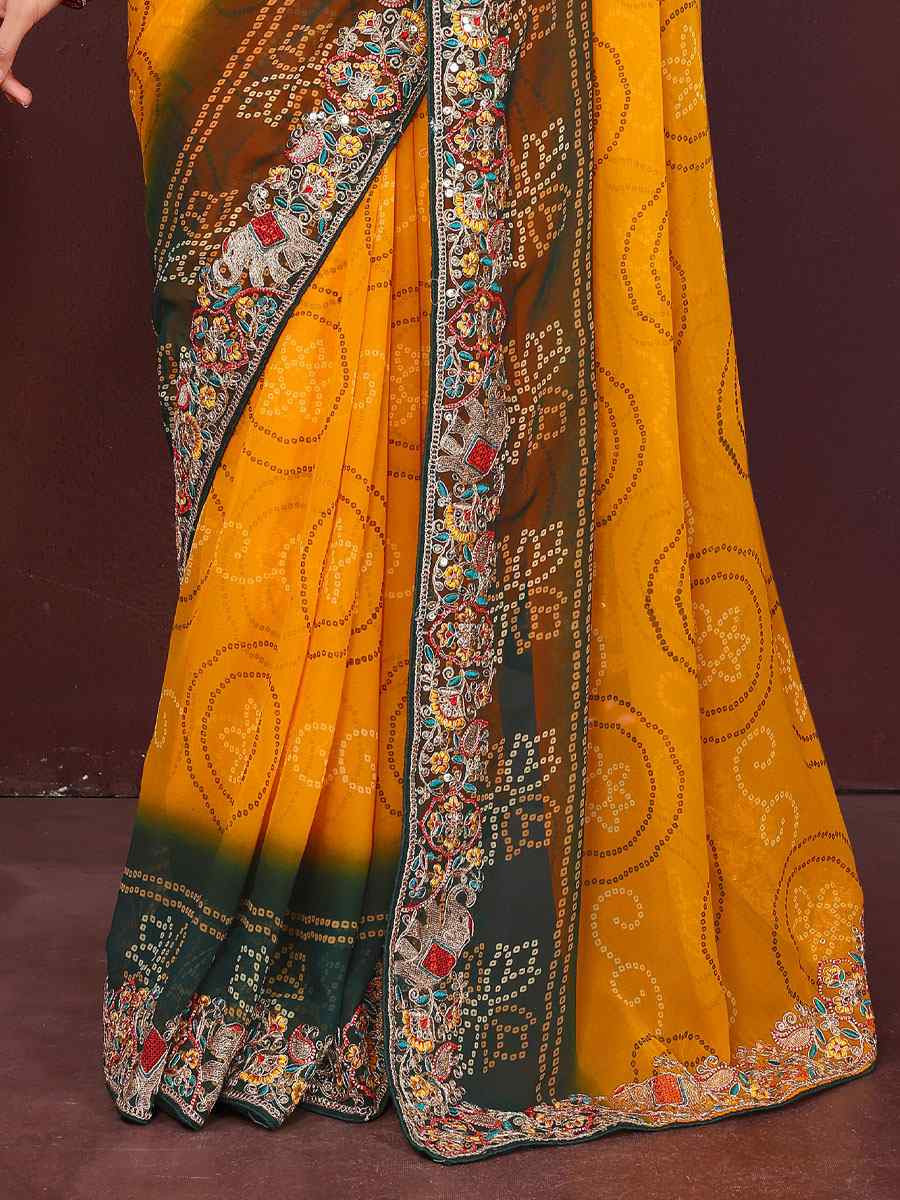 Yellow Georgette Bhandej Print with Embroidery Party Bridal Reception Festival Wedding Fancy Heavy Border Saree