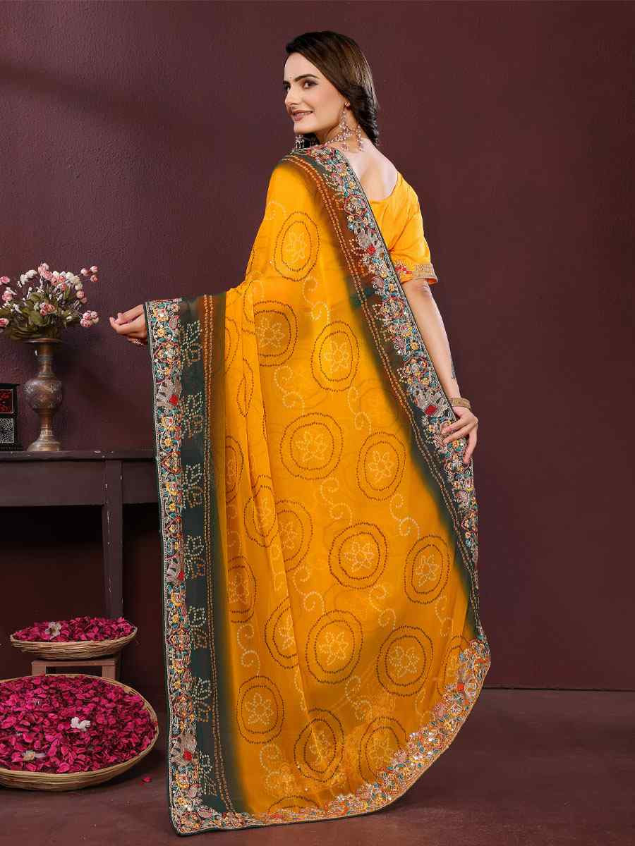 Yellow Georgette Bhandej Print with Embroidery Party Bridal Reception Festival Wedding Fancy Heavy Border Saree
