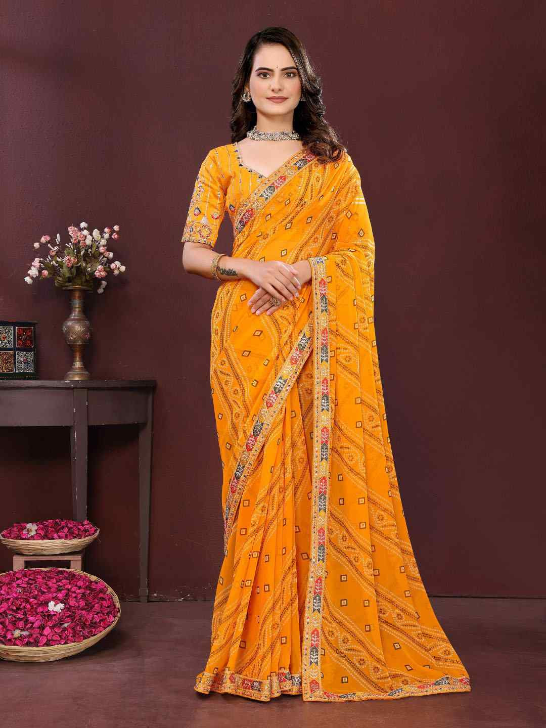 Yellow Georgette Bhandej Printed Embroidery Traditional Festival Reception Festival Wedding Fancy Heavy Border Saree