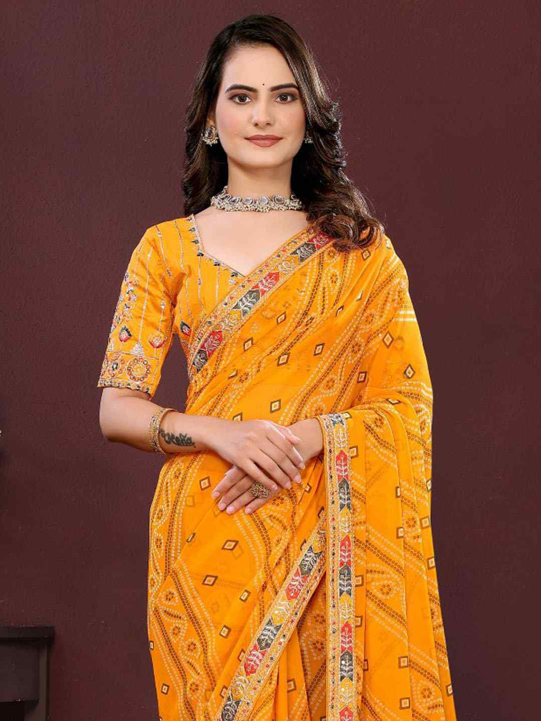 Yellow Georgette Bhandej Printed Embroidery Traditional Festival Reception Festival Wedding Fancy Heavy Border Saree