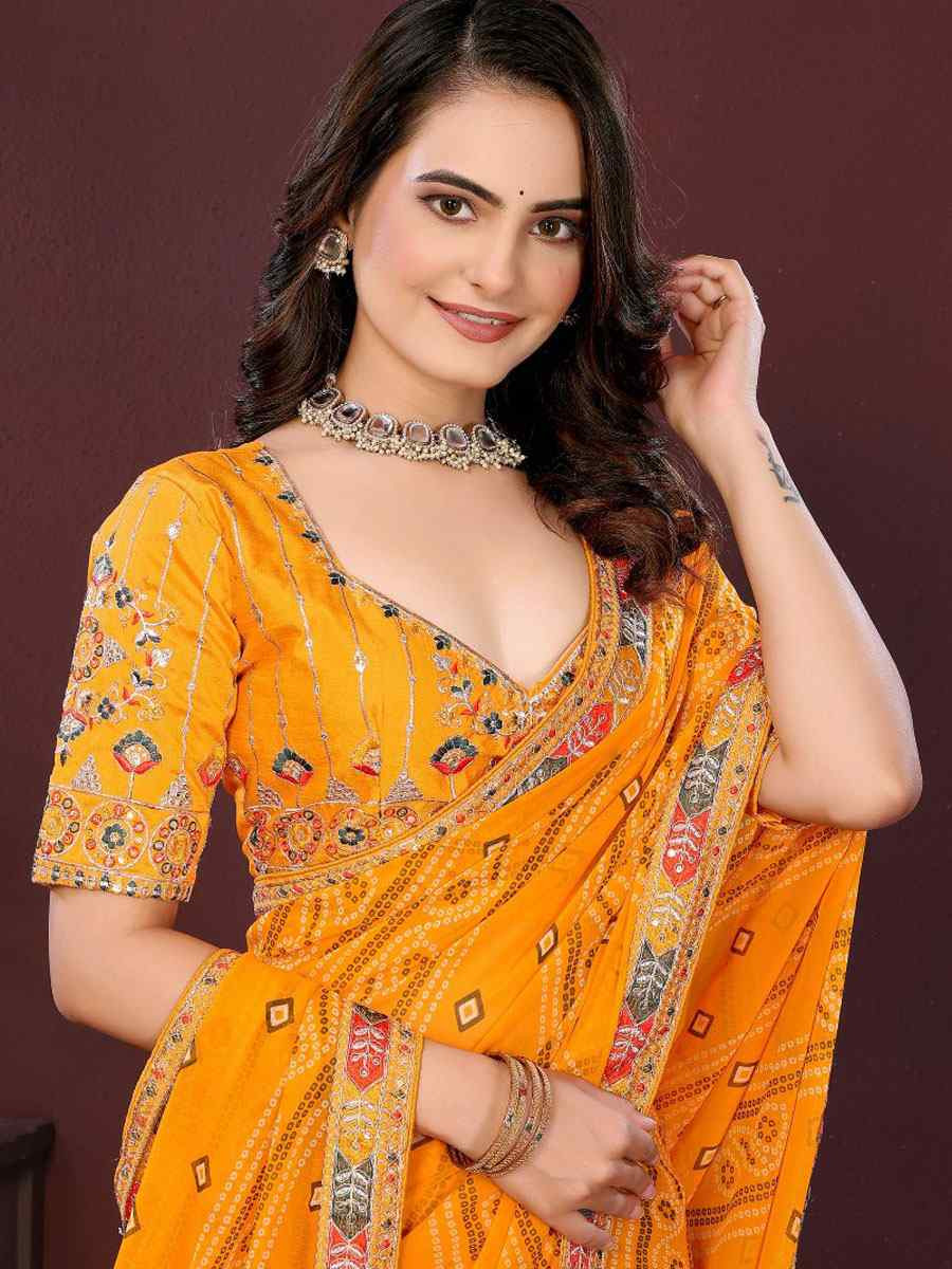 Yellow Georgette Bhandej Printed Embroidery Traditional Festival Reception Festival Wedding Fancy Heavy Border Saree