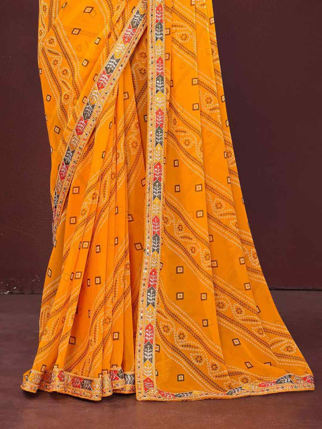 Yellow Georgette Bhandej Printed Embroidery Traditional Festival Reception Festival Wedding Fancy Heavy Border Saree