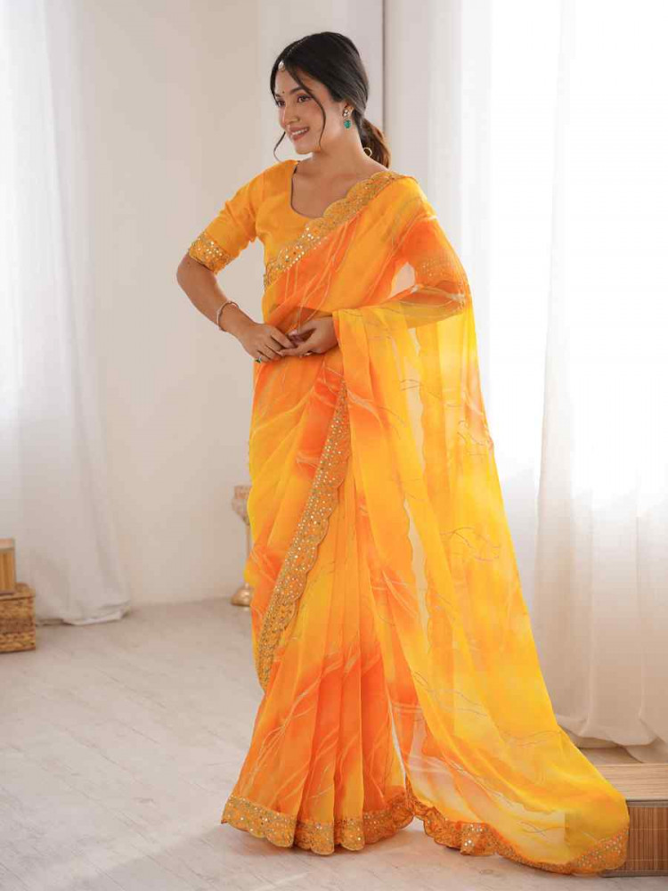 Image of Yellow Georgette Chiffon Printed Sequins Embroidery Reception Festival Wedding Party Fancy Heavy Border Sarees