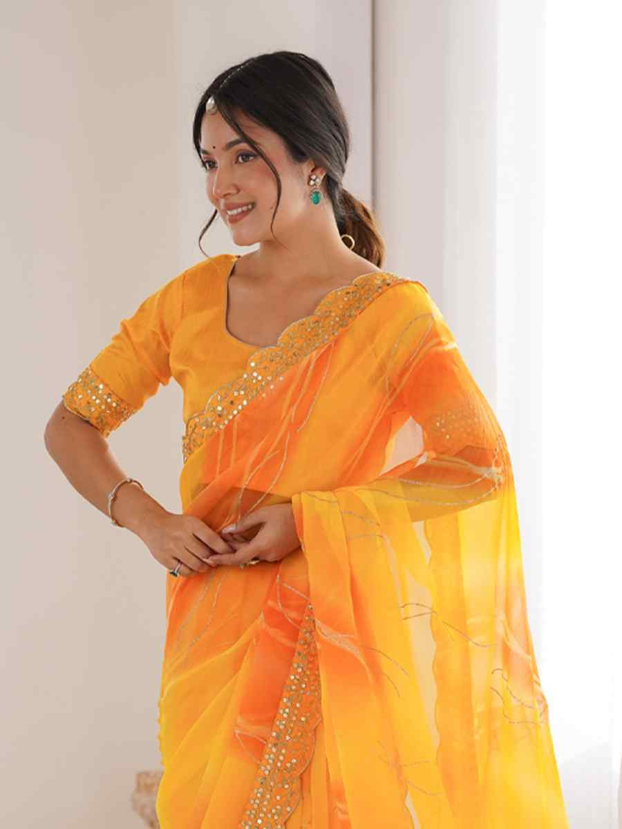 Yellow Georgette Chiffon Printed Sequins Embroidery Reception Festival Wedding Party Fancy Heavy Border Sarees