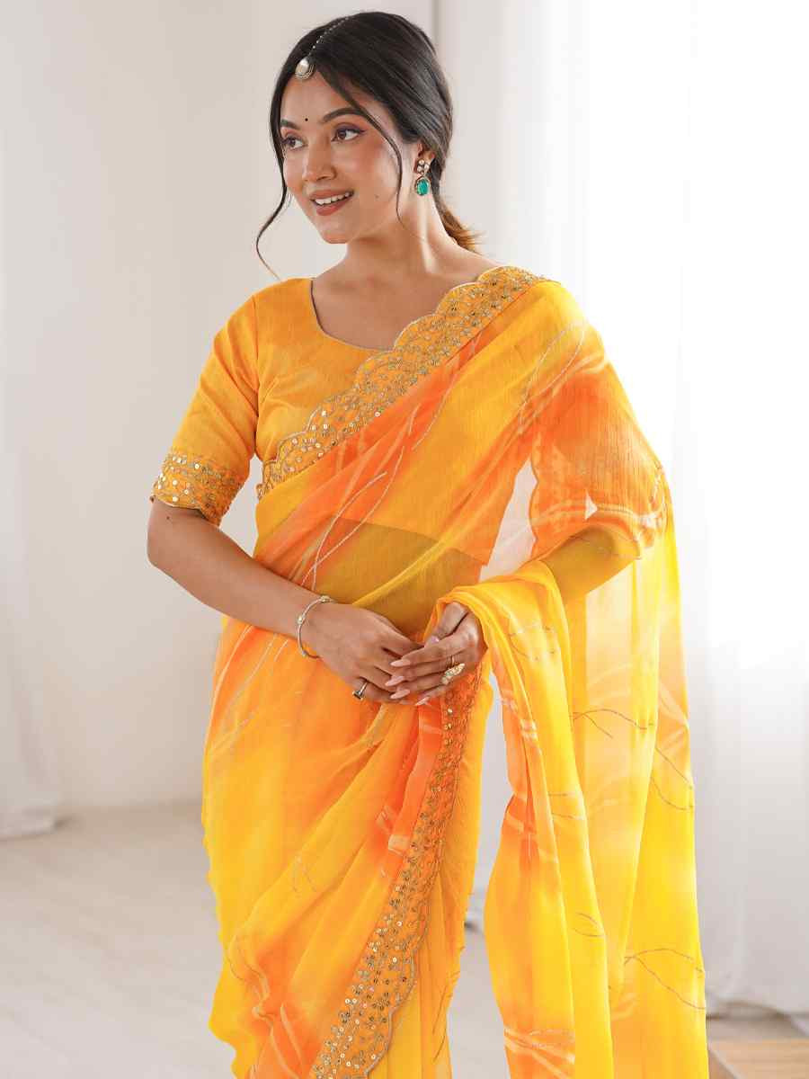 Yellow Georgette Chiffon Printed Sequins Embroidery Reception Festival Wedding Party Fancy Heavy Border Sarees
