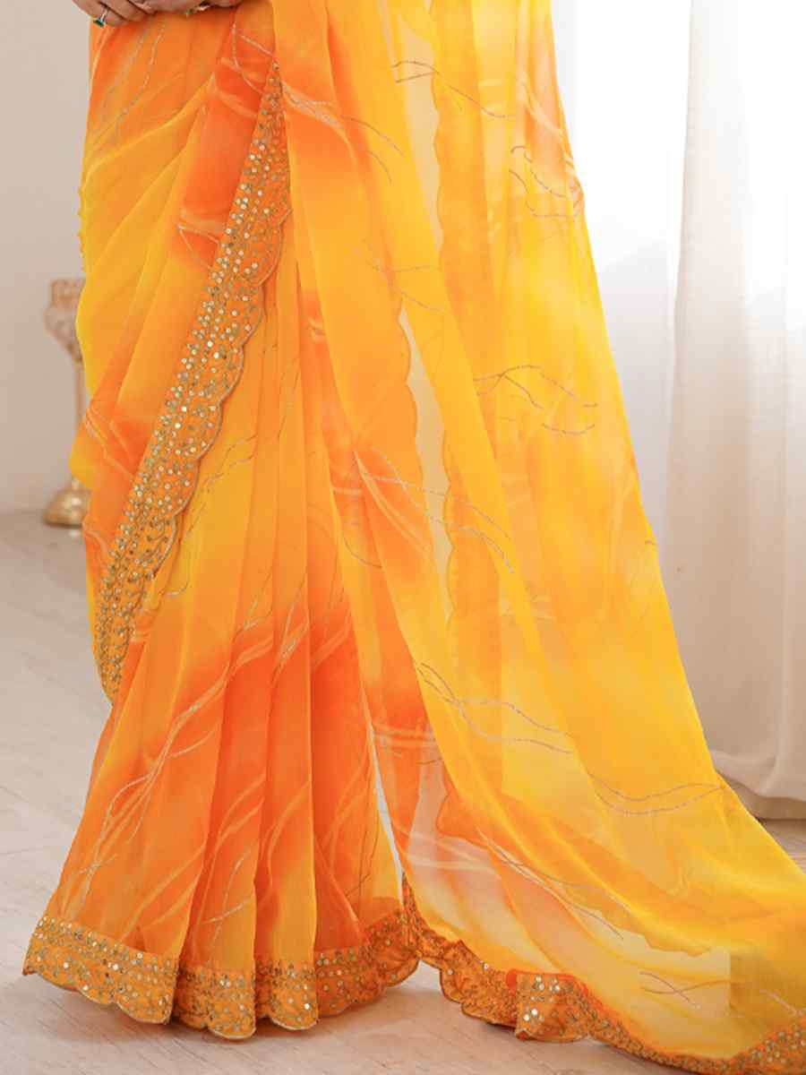 Yellow Georgette Chiffon Printed Sequins Embroidery Reception Festival Wedding Party Fancy Heavy Border Sarees