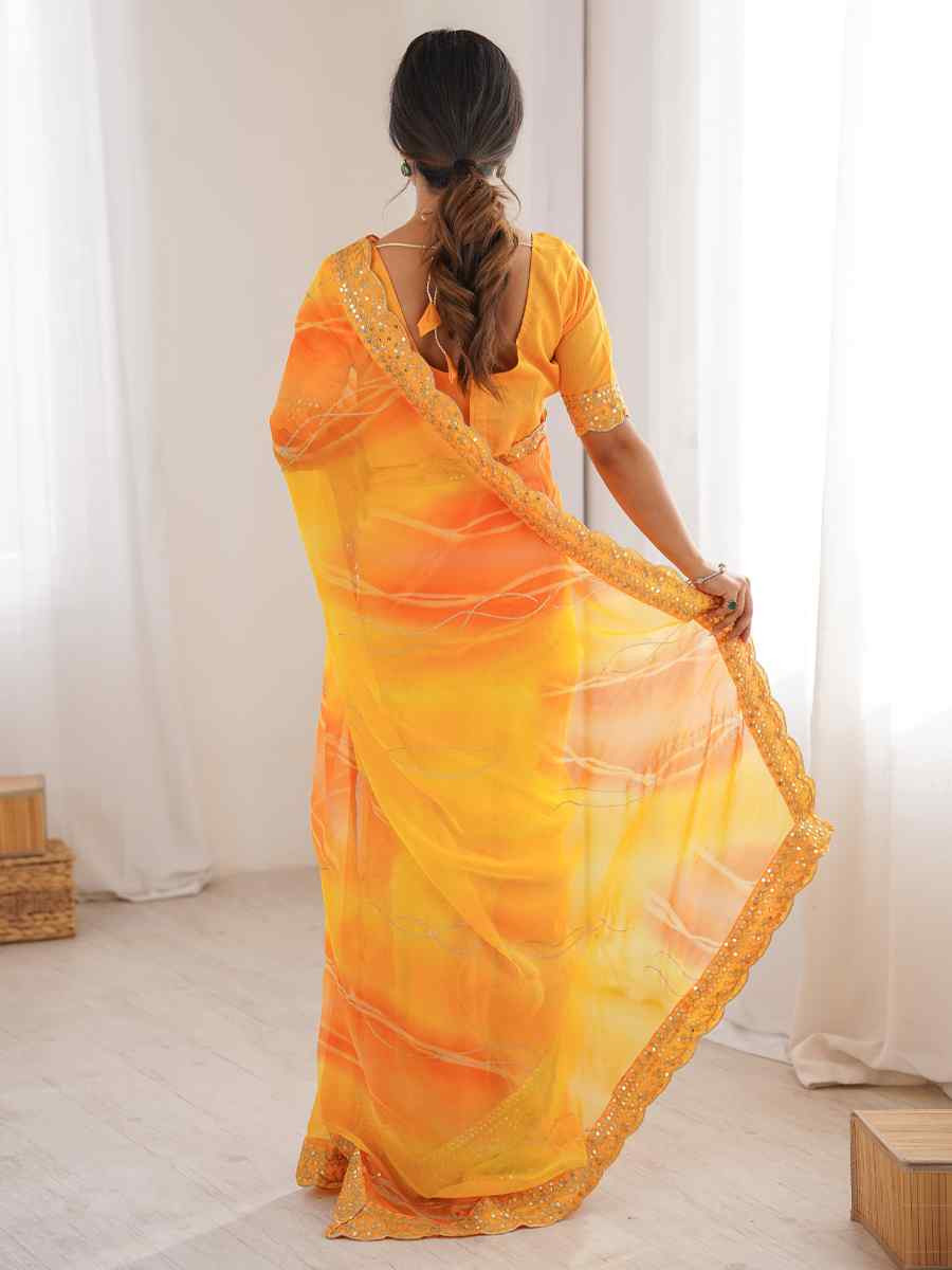 Yellow Georgette Chiffon Printed Sequins Embroidery Reception Festival Wedding Party Fancy Heavy Border Sarees