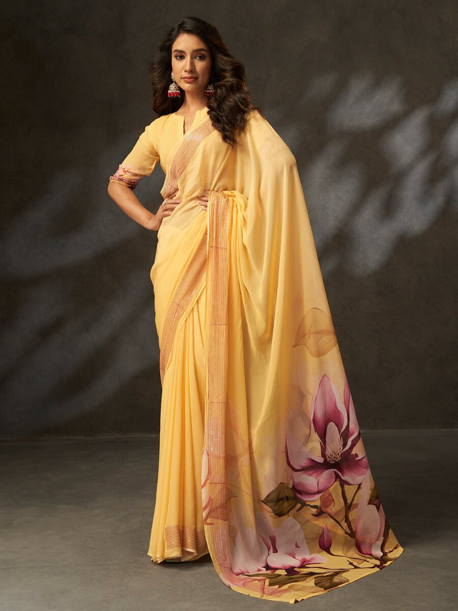 Yellow Georgette Digital Printed Wedding Reception Party Festival Casual Heavy Border Sarees