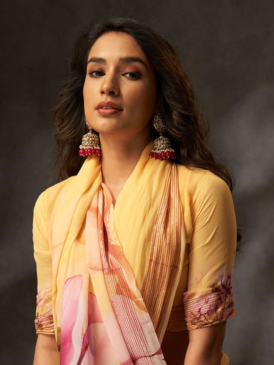 Yellow Georgette Digital Printed Wedding Reception Party Festival Casual Heavy Border Sarees