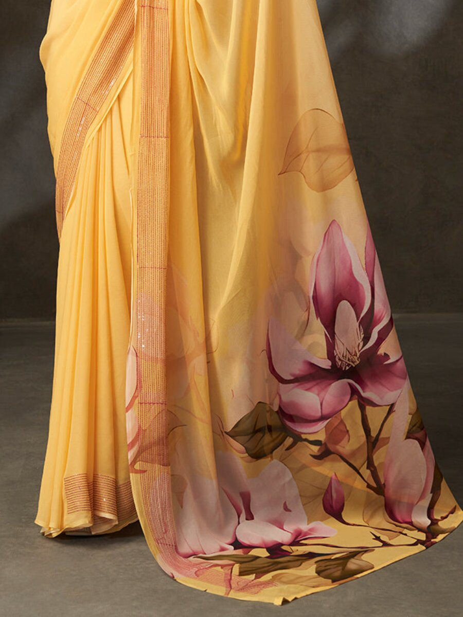 Yellow Georgette Digital Printed Wedding Reception Party Festival Casual Heavy Border Sarees