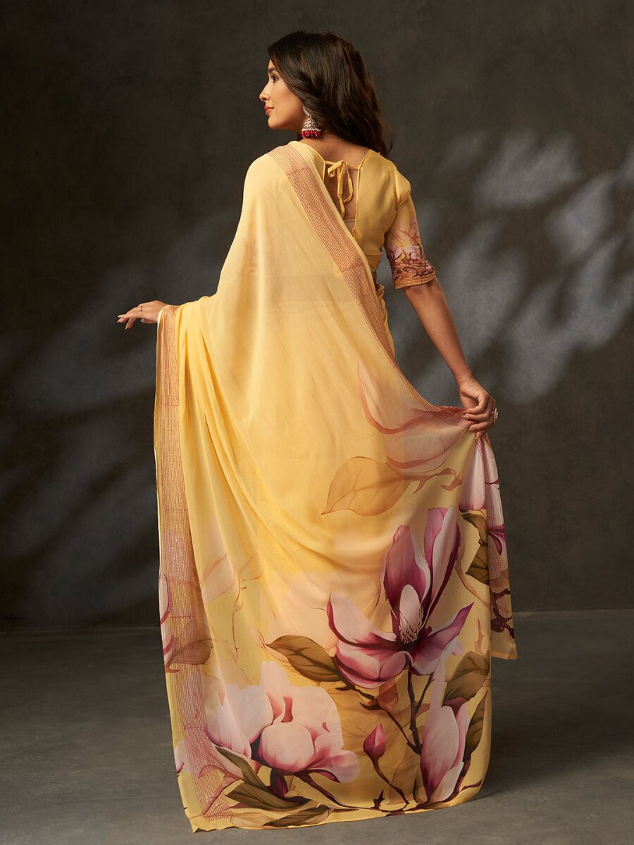 Yellow Georgette Digital Printed Wedding Reception Party Festival Casual Heavy Border Sarees