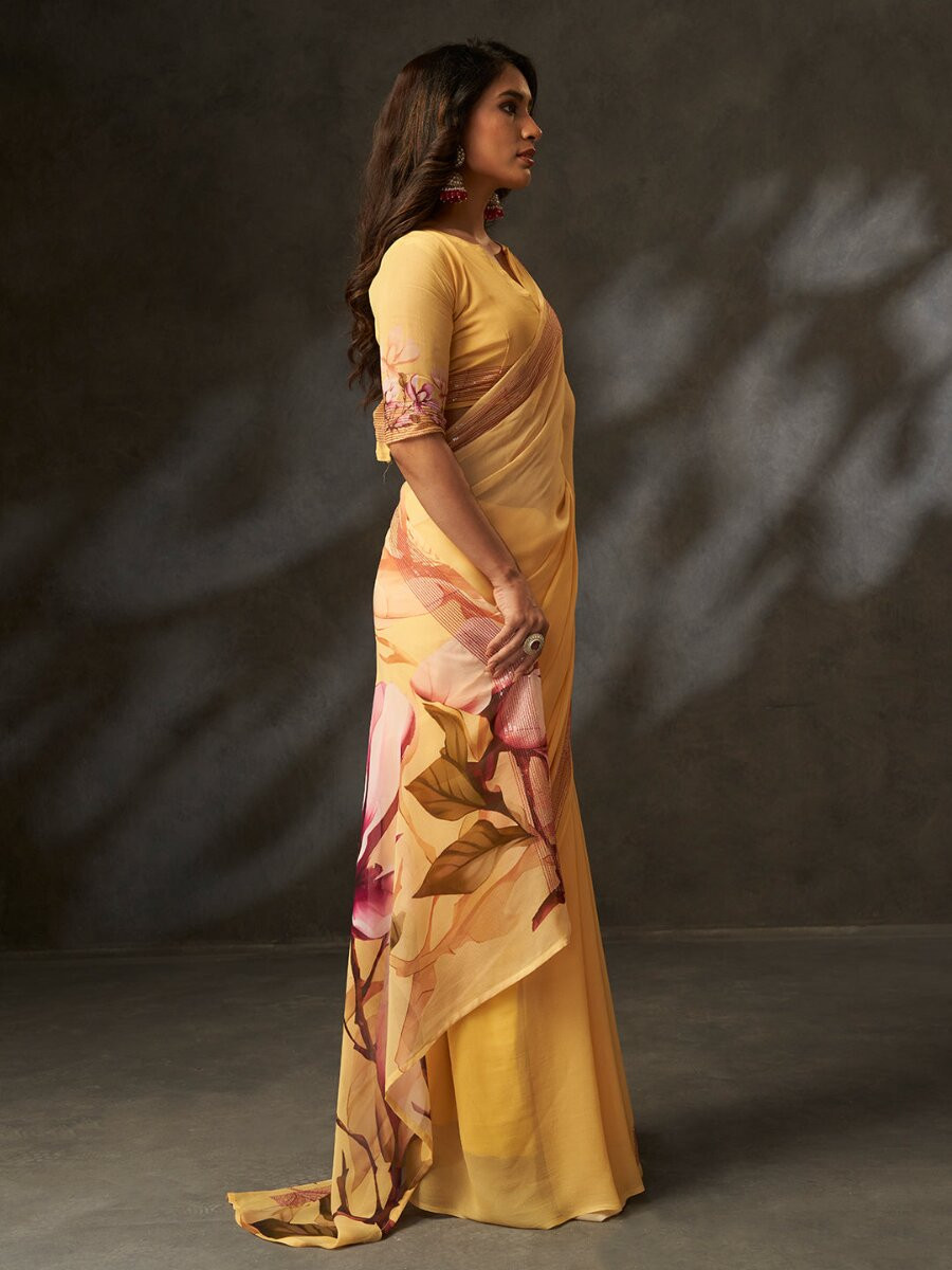 Yellow Georgette Digital Printed Wedding Reception Party Festival Casual Heavy Border Sarees