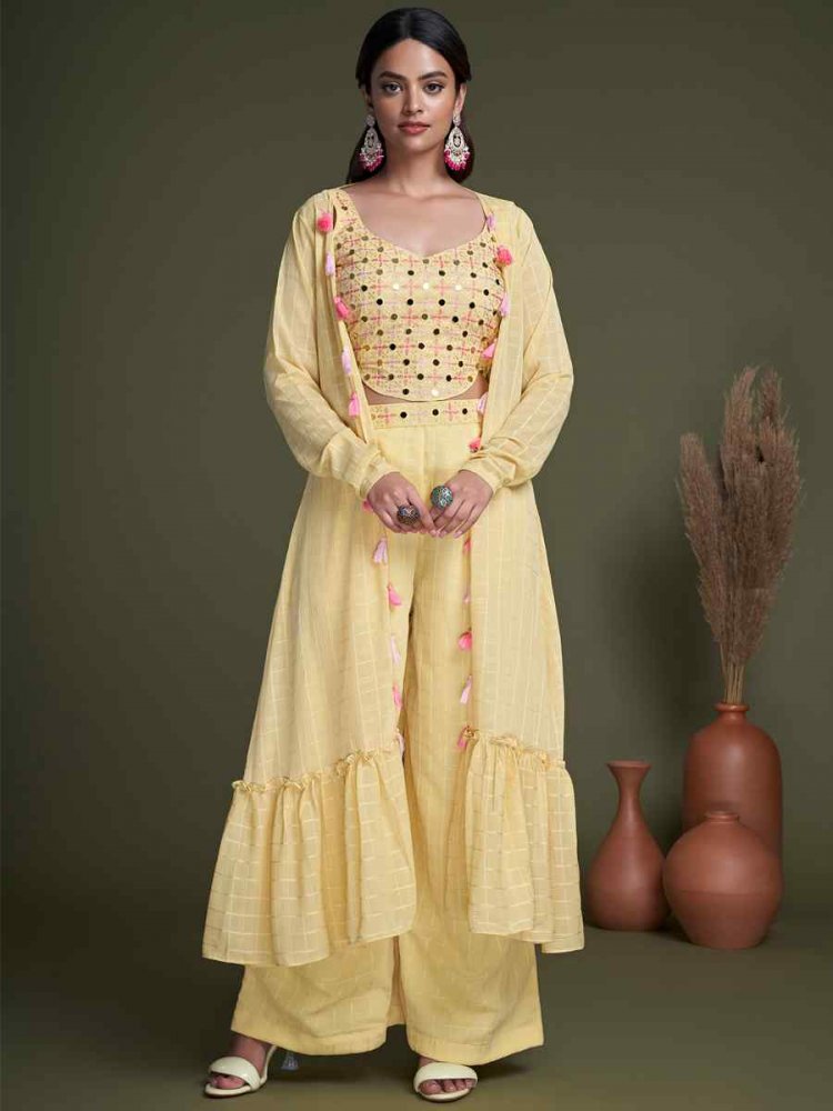 Yellow Georgette Embroiderd Party Casual Ready Palazzo Pant Salwar Kameez