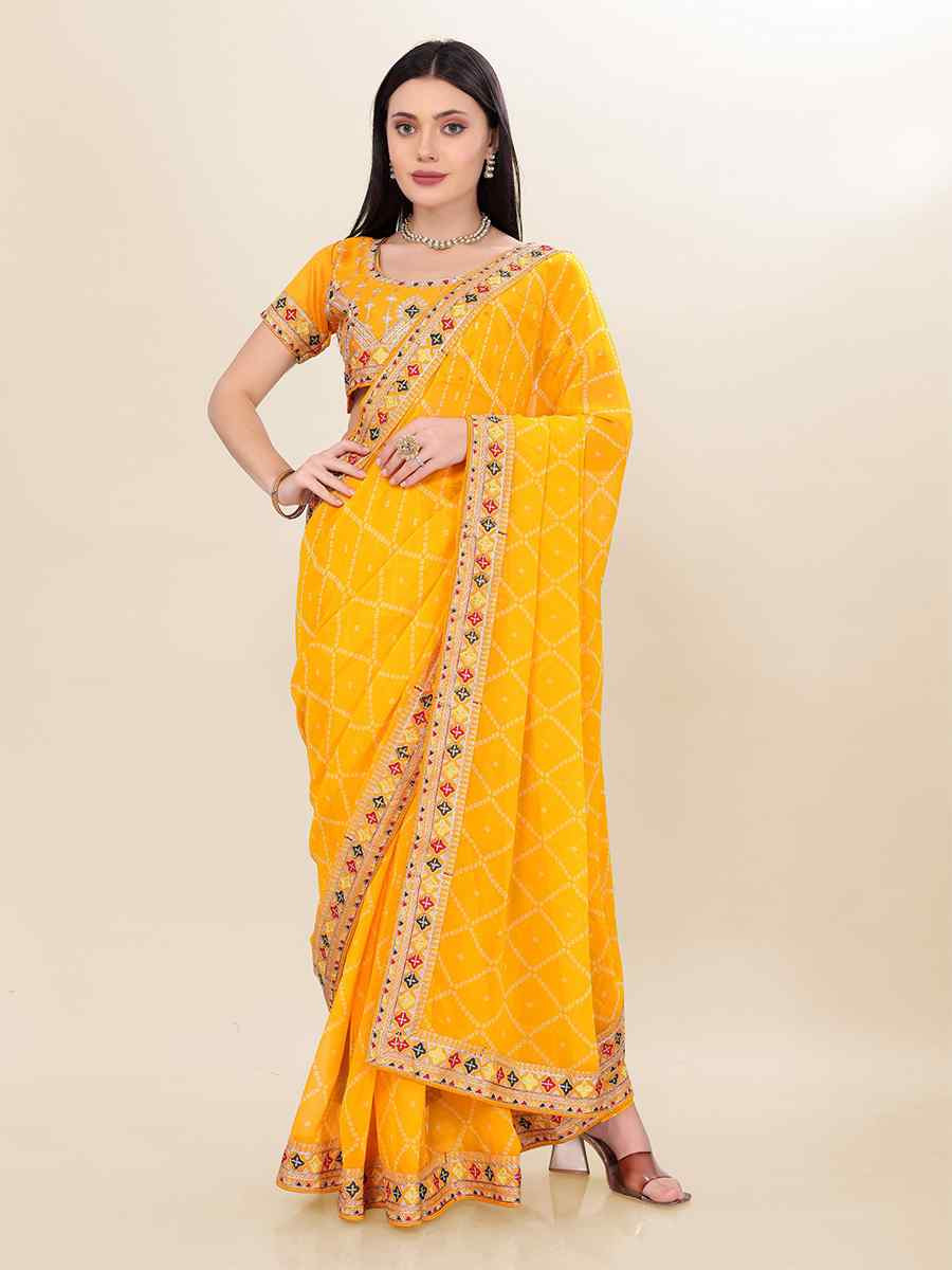 Yellow Georgette Embroidered Bridesmaid Reception Heavy Border Saree